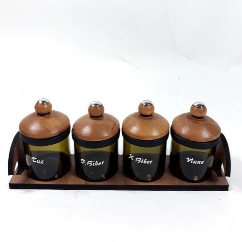 Ahşap Standlı ve Kapaklı 4 Lü Yazılı Cam Baharatlık 35 cm 