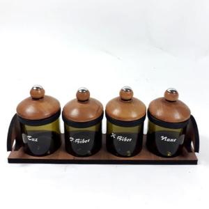 Ahşap Standlı ve Kapaklı 4 Lü Yazılı Cam Baharatlık 35 cm 