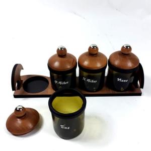 Ahşap Standlı ve Kapaklı 4 Lü Yazılı Cam Baharatlık 35 cm 