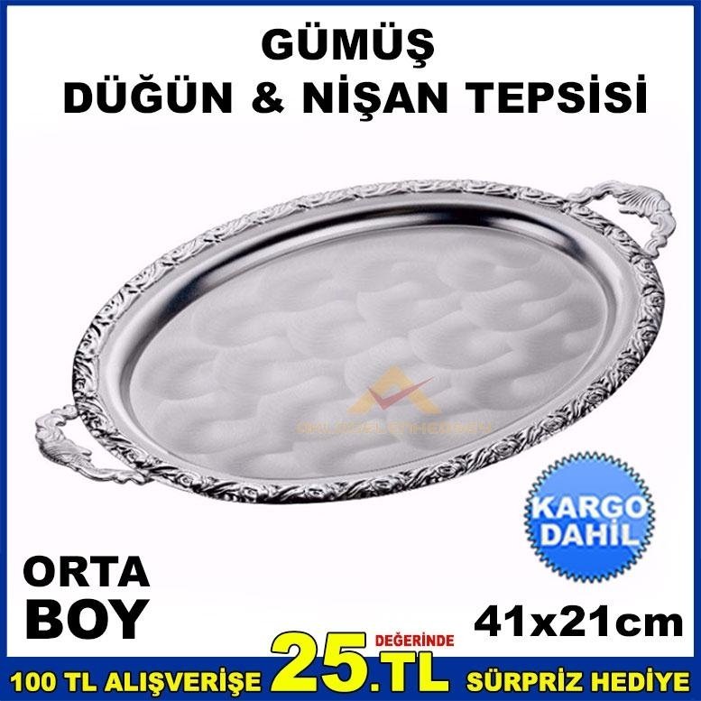 41x20cm ORTA BOY OVAL MODEL GÜMÜŞ NİŞAN TEPSİSİ