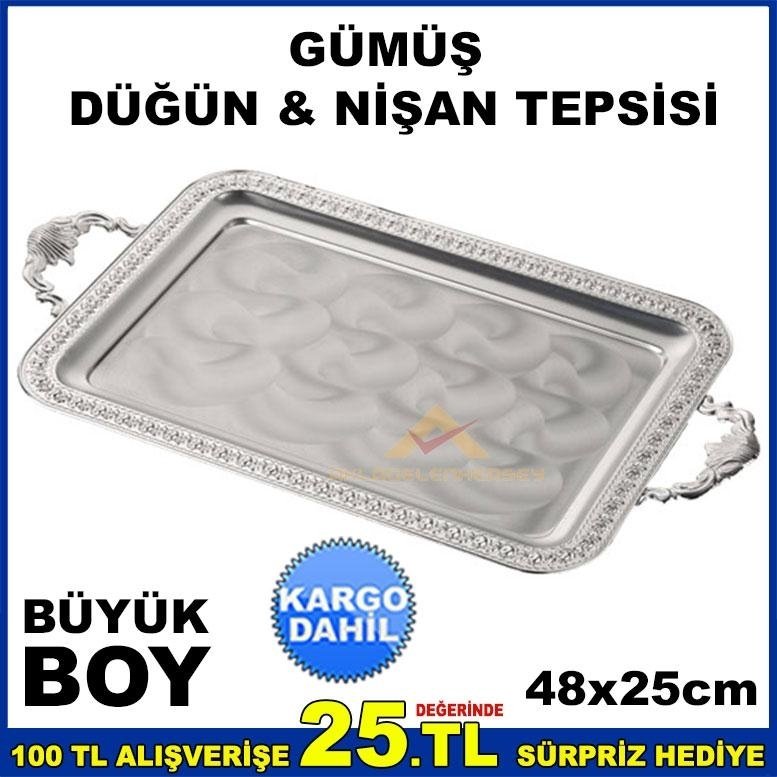 48x25cm BÜYÜK BOY KARE MODEL GÜMÜŞ NİŞAN TEPSİSİ