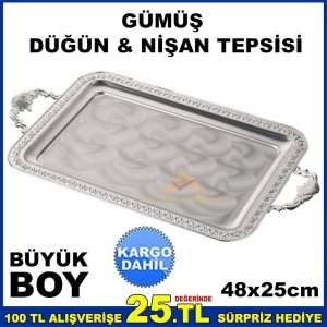 48x25cm BÜYÜK BOY KARE MODEL GÜMÜŞ NİŞAN TEPSİSİ