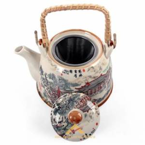 Desenli Hasır Saplı Süzgeçli Çin Porselen Demlik