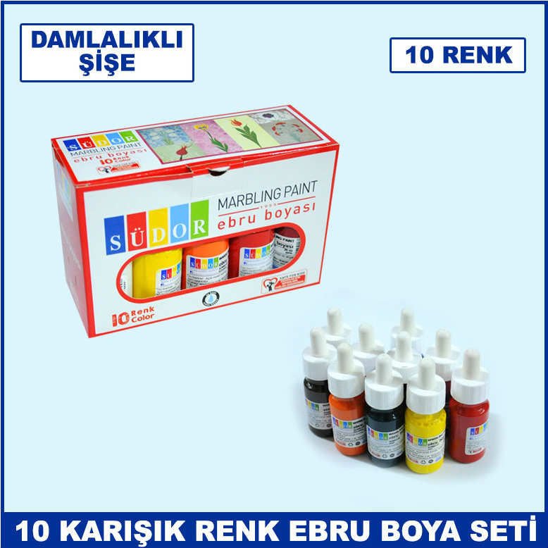 Damlalıklı Yeni Şişelerde 10 Karışık Farklı Renk Ebru Boya Seti - Südor Ebru Boyası 25 ml