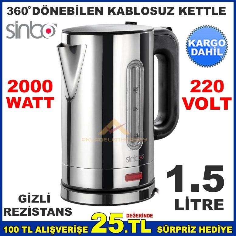SİNBO GİZLİ REZİSTANSLI 2000W KABLOSUZ KETTLE