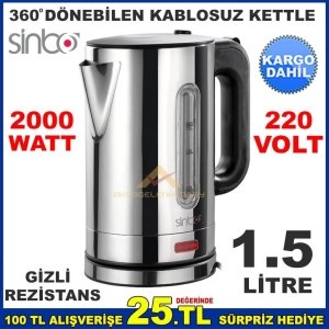 SİNBO GİZLİ REZİSTANSLI 2000W KABLOSUZ KETTLE