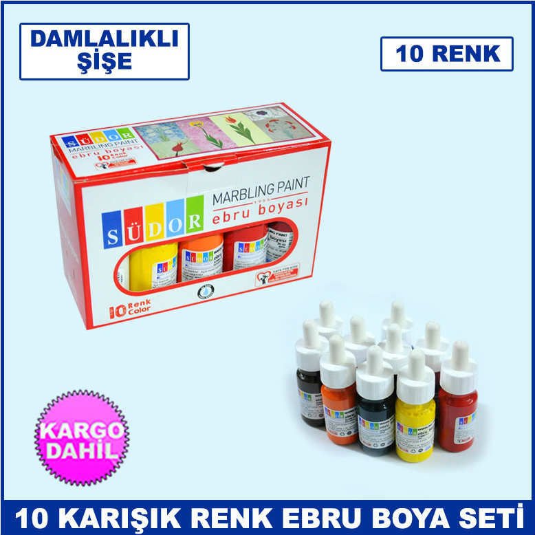 Damlalıklı Yeni Şişelerde 10 Karışık Farklı Renk Ebru Boya Seti - Südor Ebru Boyası 25 ml