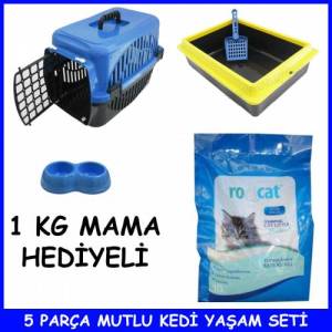 Mama Hediyeli Kedilerimiz İçin 5 Parça Mutlu Yaşam Seti - Çanta Kumluk Kürek Mama Kabı 5 Kg Özel Kum