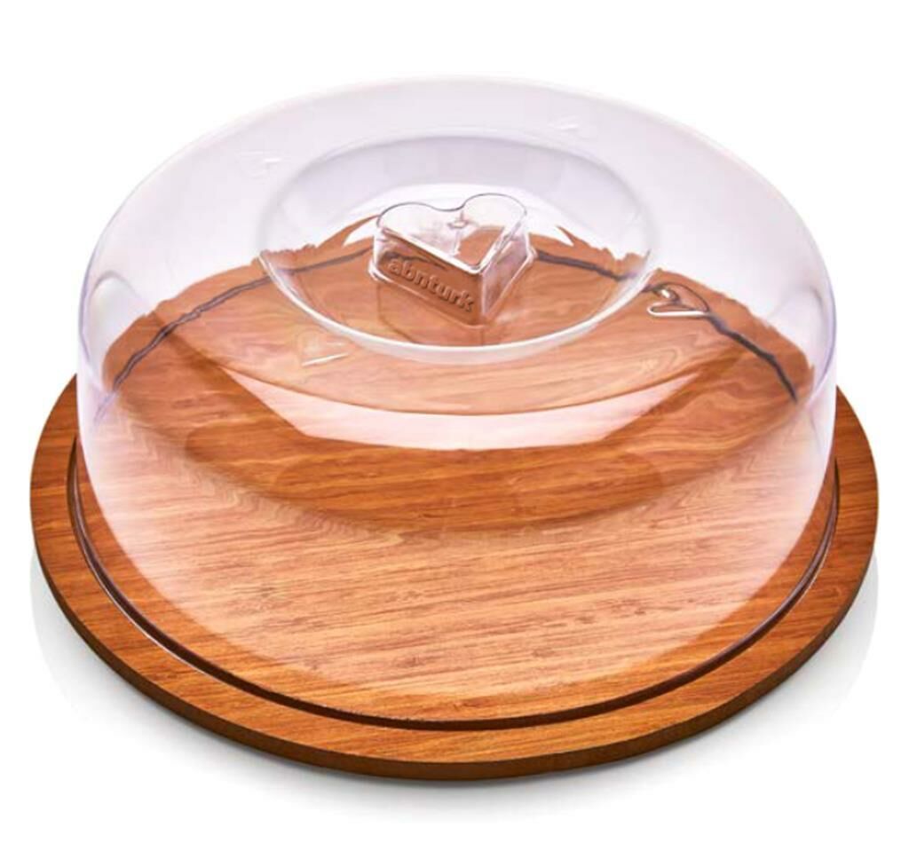 Ahşap Tablalı Şeffaf Akrilik Kapak Yuvarlak Kek Fanusu 29cm Büyük Boy Hava Almaz Lüx Pasta Sunumu