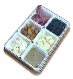 Ahşap Tepsili 6 göz 8 parça Kahvaltılık Seti Kırılmaz Şeffaf Fanus Kapak 70 Ülkede Satılan TürkMalı