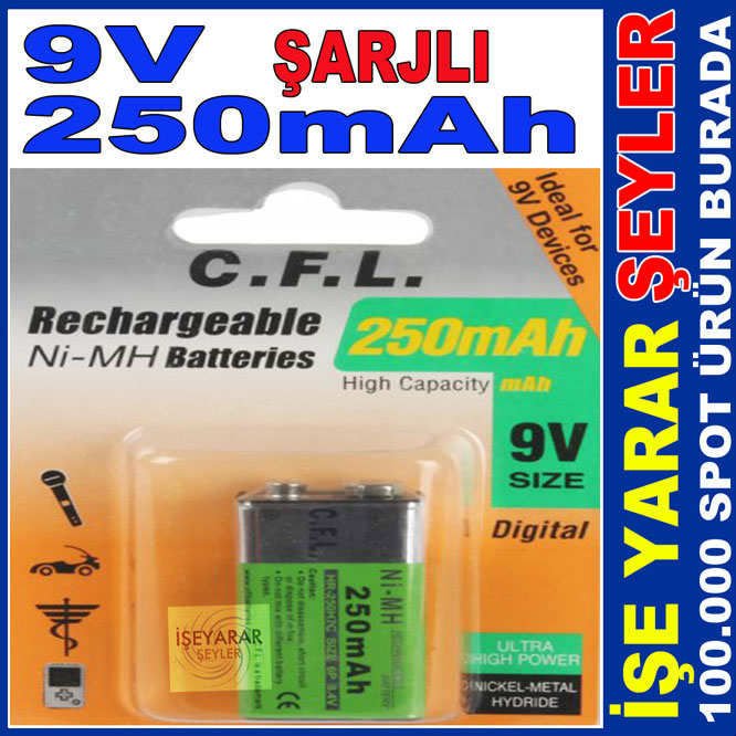 CFL 250mAh 9v Ni-MH YASSI ŞARJLI PİL