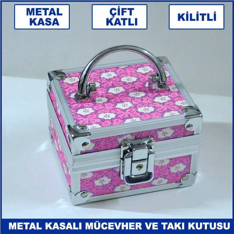 Metal Kasalı Kilitli Çift Katlı Mücevher ve Takı Kutusu - Metal Çanta Aksesuar Kutusu