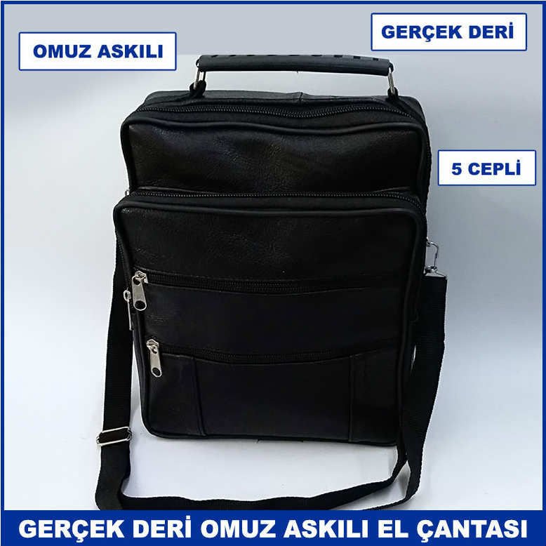 Hakiki Deriden Üretilmiş Omuz Askılı 5 Cepli Büyük Boy Erkek El Çantası - Dikey Model