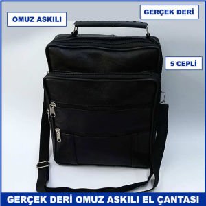 Hakiki Deriden Üretilmiş Omuz Askılı 5 Cepli Büyük Boy Erkek El Çantası - Dikey Model