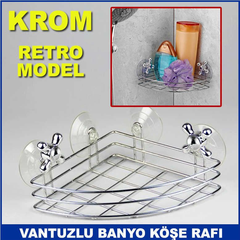 Krom Kaplama Retro Musluk Başı Modeli Vantuzlu Dekoratif Banyo Köşe Rafı 4 Vantuzlu