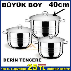 40cm BÜYÜK BOY PASLANMAZ ÇELİK DERİN TENCERE