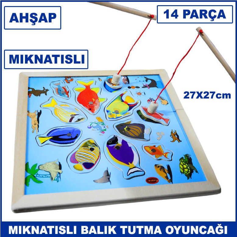 14 Parça Denizaltı Dünyası Mıknatıslı Ahşap Balık Tutma Yarışması 11 Balıklı ve 2 Oltalı Oyuncak
