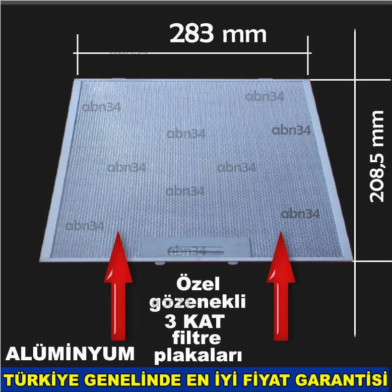 Alüminyum Davlumbaz Filtresi 283x208.5mm Ankastre Filtresi 28x20.8cm Alüminyum Kartuş Filtre abn34