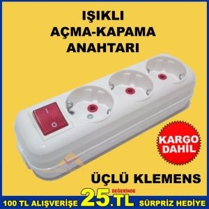 KABLOSUZ AÇMA KAPATMA ANAHTARLI 3lü PRİZ KLEMENS