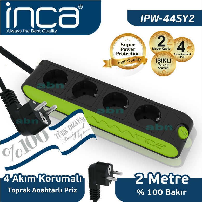 İNCA AKIM KORUMALI PRİZ 2 METRE UZATMA KABLOLU 4 lü TOPRAKLI PRİZ %100 BAKIR KABLOLU IŞIKLI ANAHTAR