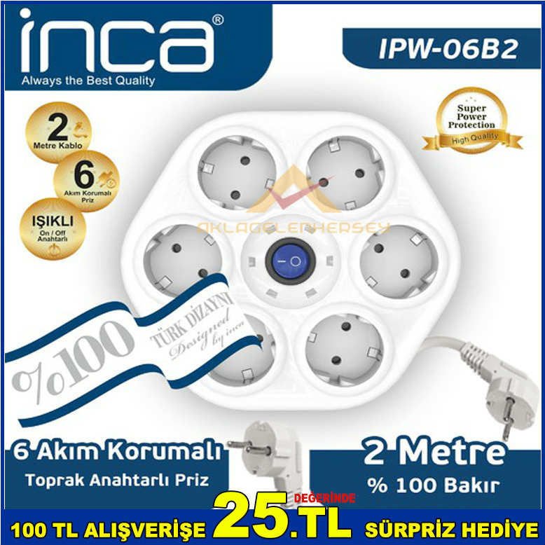 İNCA AKIM KORUMALI PRİZ 2 METRE UZATMA KABLOLU 6 lı TOPRAKLI PRİZ %100 BAKIR KABLOLU IŞIKLI ANAHTAR
