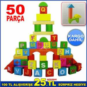 50 PARÇA ALFABE HARFLİ RENKLİ AHŞAP BLOKLAR BULTAKLI ÖZEL KUTUSUNDA AHŞAP BLOK PUZZLE