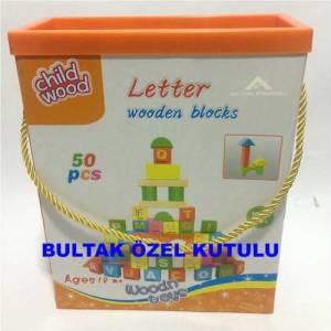 50 PARÇA ALFABE HARFLİ RENKLİ AHŞAP BLOKLAR BULTAKLI ÖZEL KUTUSUNDA AHŞAP BLOK PUZZLE