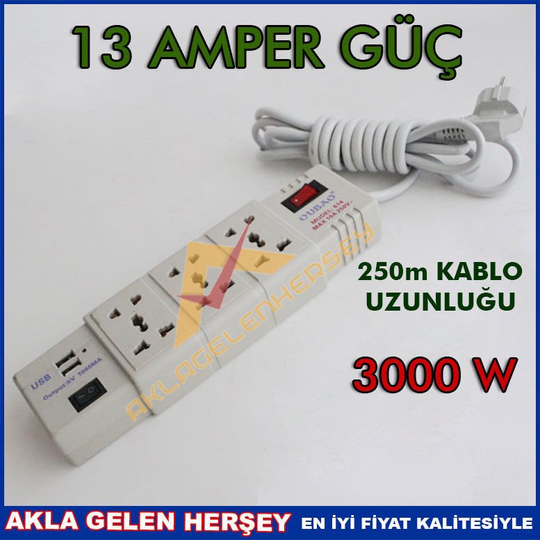 Dünyadaki tüm fişlere uyumlu anahtarlı uzatma kablosu ÇİFT USBLİ 3lü UNIVERSAL PRİZLİ UZATMA KABLOSU