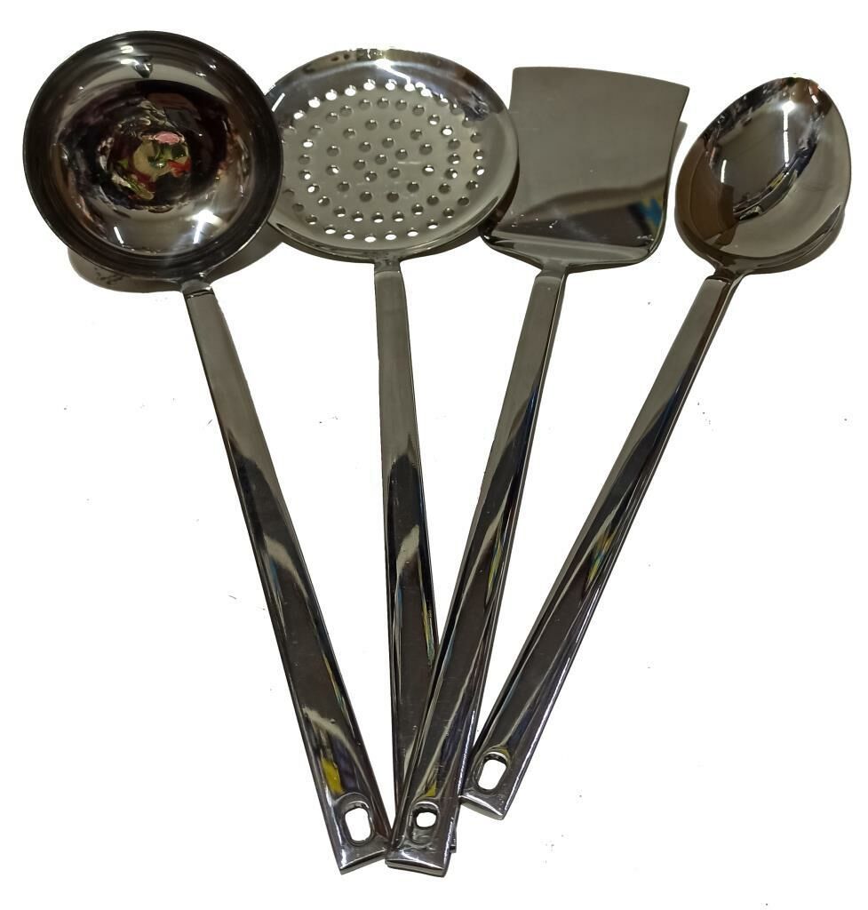 4'lü Çelikten Üretim Servis Seti Spatula, Kevgir, Kepçe, Kaşık   Kaliteli Çelikten Üretilmiştir