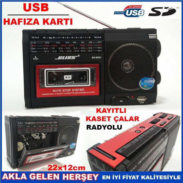 USB ve HAFIZA KART GİRİŞLİ RADYOLU KASET ÇALAR
