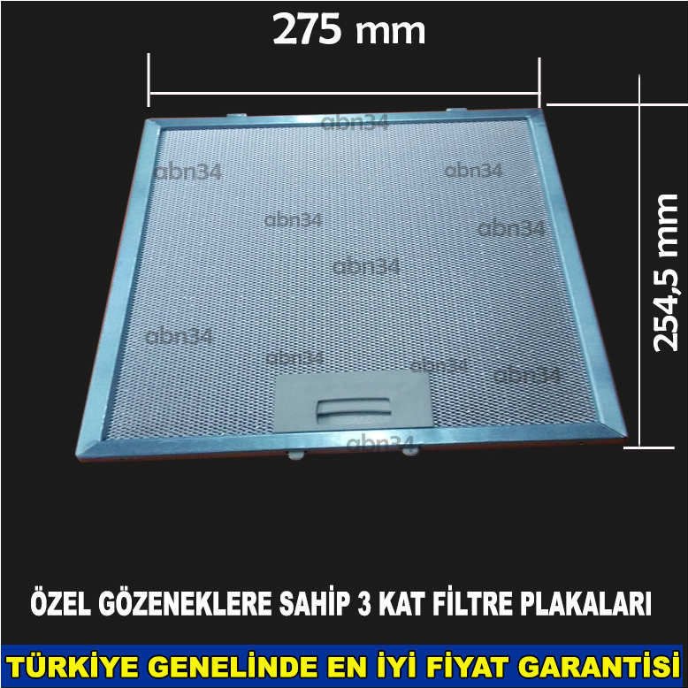 Alüminyum Davlumbaz Filtresi 275x254,5mm Ankastre Filtresi 27,4x25,5cm Alüminyum Kartuş Filtre abn34