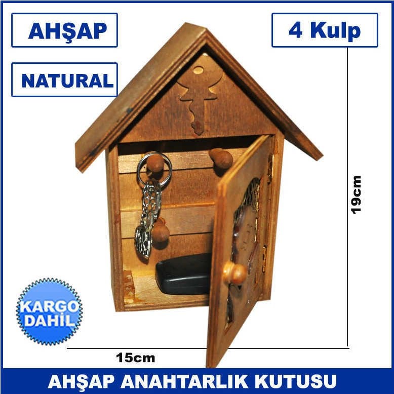 Natural Ahşap 4 Kulplu Anahtarlık Kutusu - Anahtar Dolabı - Dekoratif Anahtar Dolabı