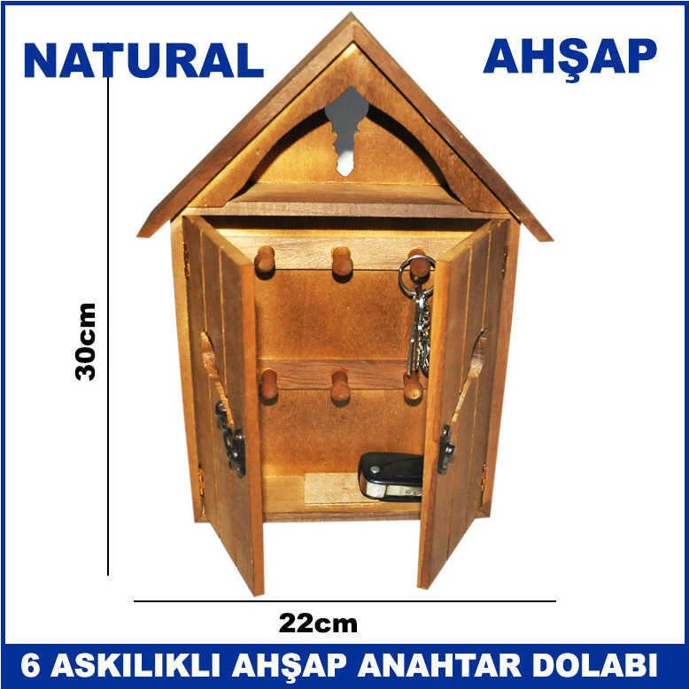 Natural Ahşap 6 Askılı Büyük Anahtar Kutusu - Anahtar Dolabı - Dekoratif Anahtar Dolabı