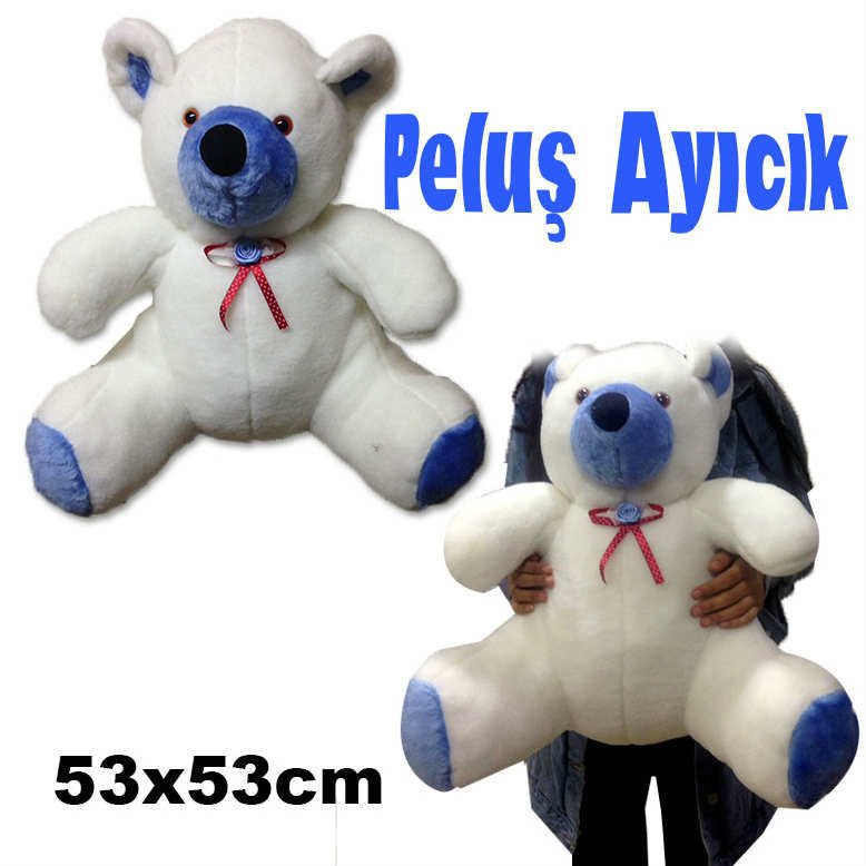 Beyaz Ve Mavi Renk Peluş Ayı Orta Boy Peluş Ayıcık En Güzel Hediye Peluş Ayı 53x53cm Ebatında