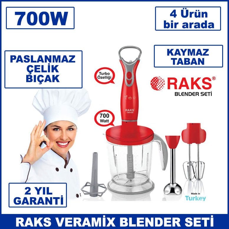 Raks Veramix Blender Seti 700w Turbolu 4'lü Set Paslanmaz Çelik Bıçaklı 2 Yıl Garantili
