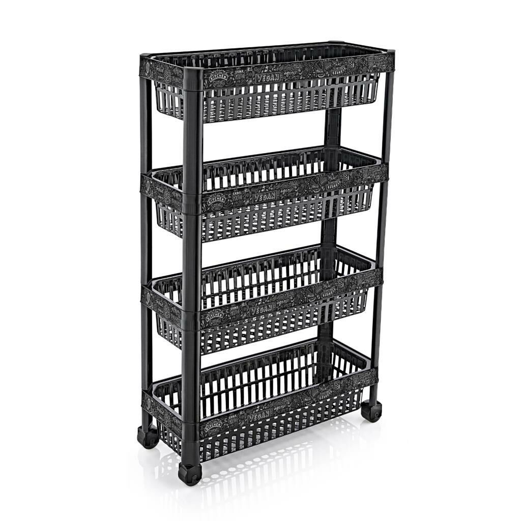 Vegan Desenli Çok Amaçlı Tekerlekli 4 Katlı Sebzelik Demonte Dar Raf 48x20 h:80cm