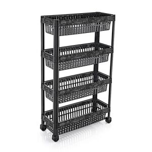 Vegan Desenli Çok Amaçlı Tekerlekli 4 Katlı Sebzelik Demonte Dar Raf 48x20 h:80cm