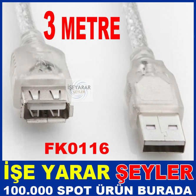 3 metre şeffaf USB uzatma kablosu 1.kalite iletkenli USB UZATMA KABLOSU ERKEK-DİŞİ SOKETLER 3 METRE
