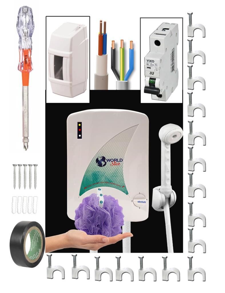 Viko Sigorta+3mt Bakır Kablo3x2.5+Herşey ile Montaja Hazır Elektrikli Şofben 3 Yıl Garanti WorldStar