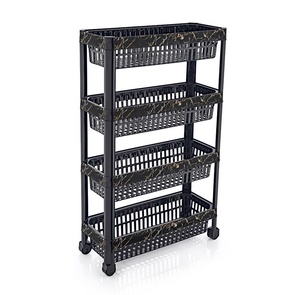 Siyah Mermer Desenli Çok Amaçlı Tekerlekli 4 Katlı Sebzelik Demonte Dar Raf 48x20 h:80cm