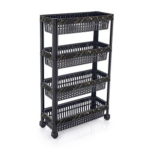 Siyah Mermer Desenli Çok Amaçlı Tekerlekli 4 Katlı Sebzelik Demonte Dar Raf 48x20 h:80cm