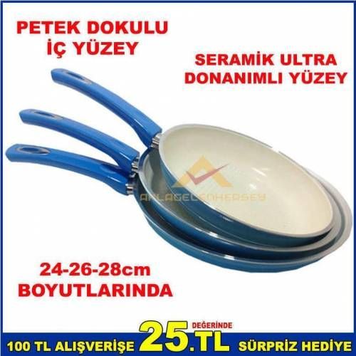 SERAMİK KAPLAMA İÇ YÜZEYLİ PETEK DİZAYN 3'LÜ TAVA SETİ 24-26-28cm