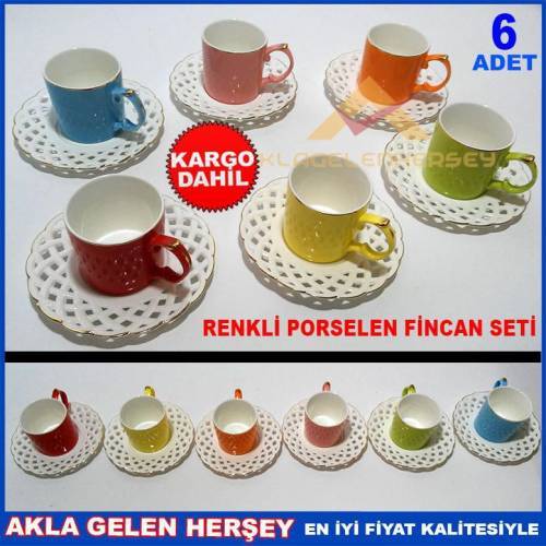 6adet Karışık Renkli Porselen Kahve Fincan Seti