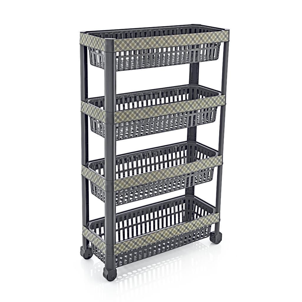 Check Desenli Çok Amaçlı Tekerlekli 4 Katlı Sebzelik Demonte Dar Raf 48x20 h:80cm