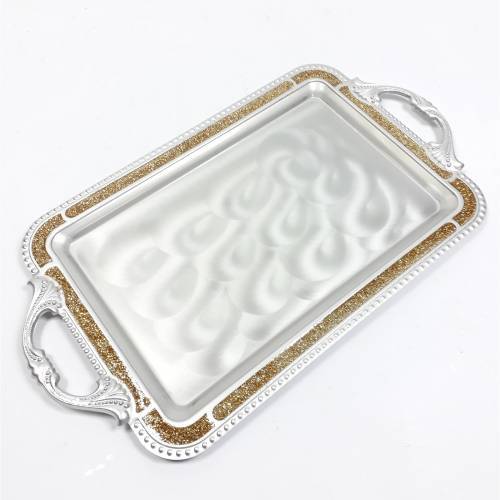Kare Büyük  Mineli Gümüş Tepsi Çay Kahve Servis Tepsisi 50x28Cm