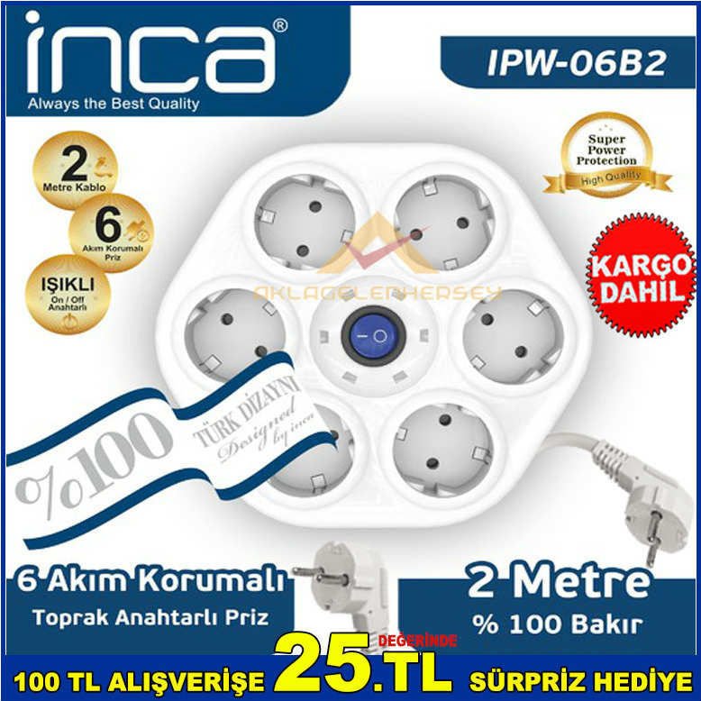 İNCA AKIM KORUMALI PRİZ 2 METRE UZATMA KABLOLU 6 lı TOPRAKLI PRİZ %100 BAKIR KABLOLU IŞIKLI ANAHTAR