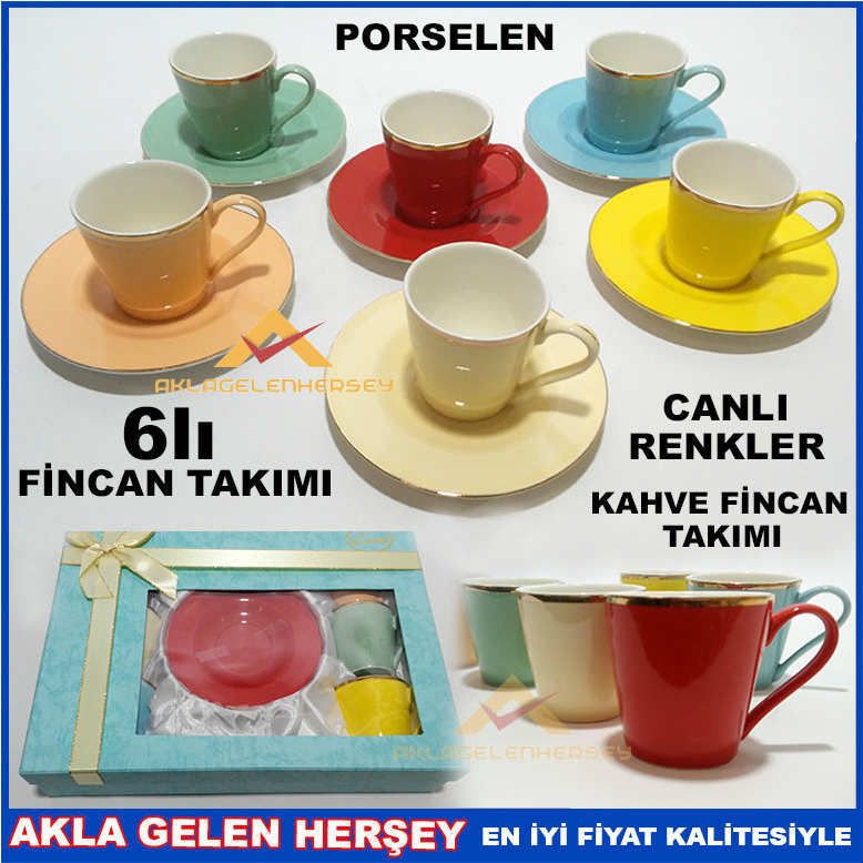 6 ADET PORSELEN CANLI RENKLER KAHVE FİNCAN SETİ