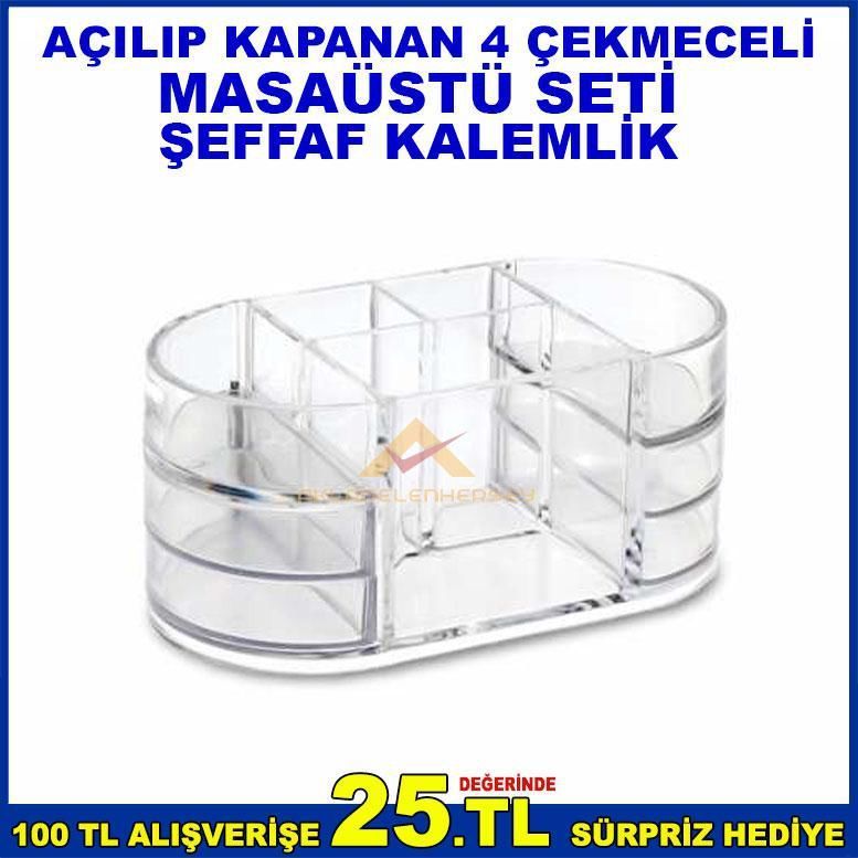 OPS KLM 203 MASAÜSTÜ ŞEFFAF KALEMLİK AÇILIP KAPANAN 4 ÇEKMECELi