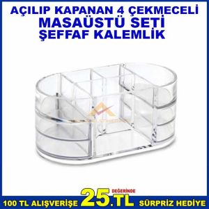 OPS KLM 203 MASAÜSTÜ ŞEFFAF KALEMLİK AÇILIP KAPANAN 4 ÇEKMECELi