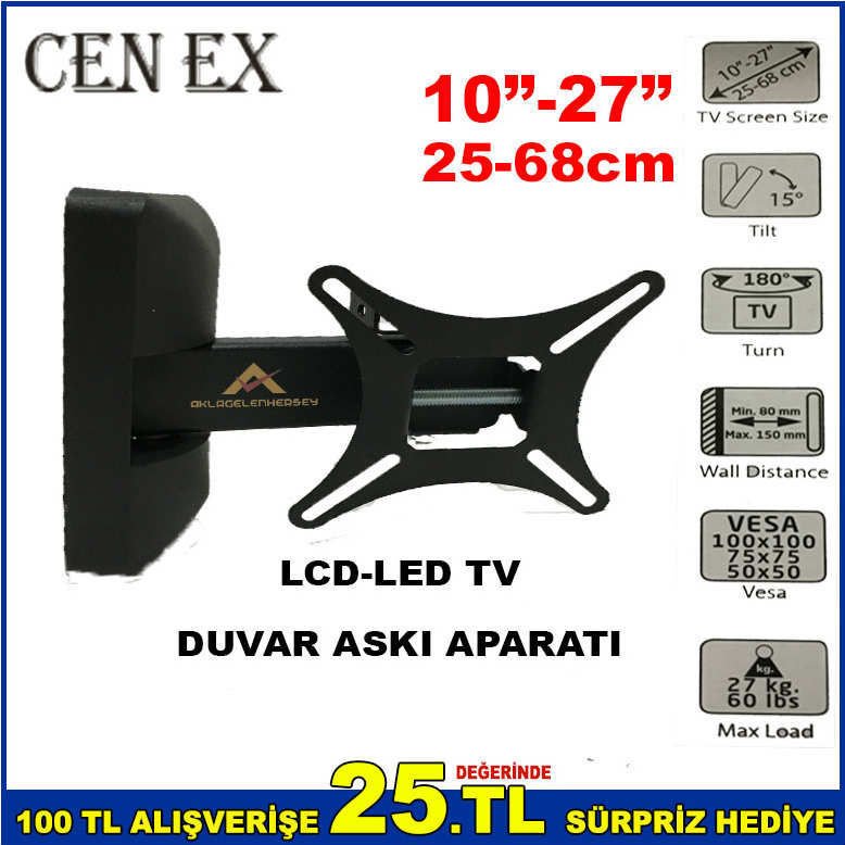 CEN EX 10'' 27'' 25-68 cm LCD-LED TV HAREKETLİ DUVAR ASKI APARATI 27 kg